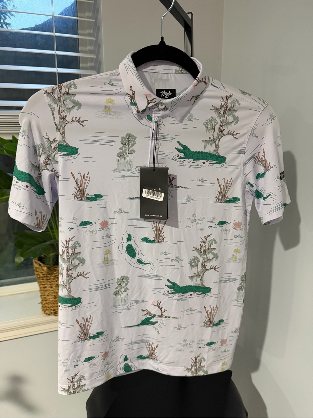 White Polo Shirt with Green Alligator Marsh Print - Kids